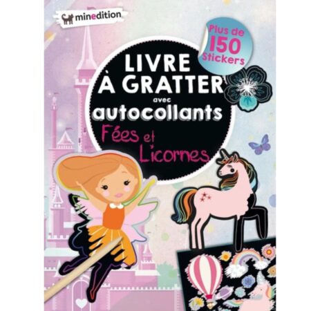 Livre à gratter avec autocollants fées & licornes - Avec un crayon en bois, plus de 150 stickers